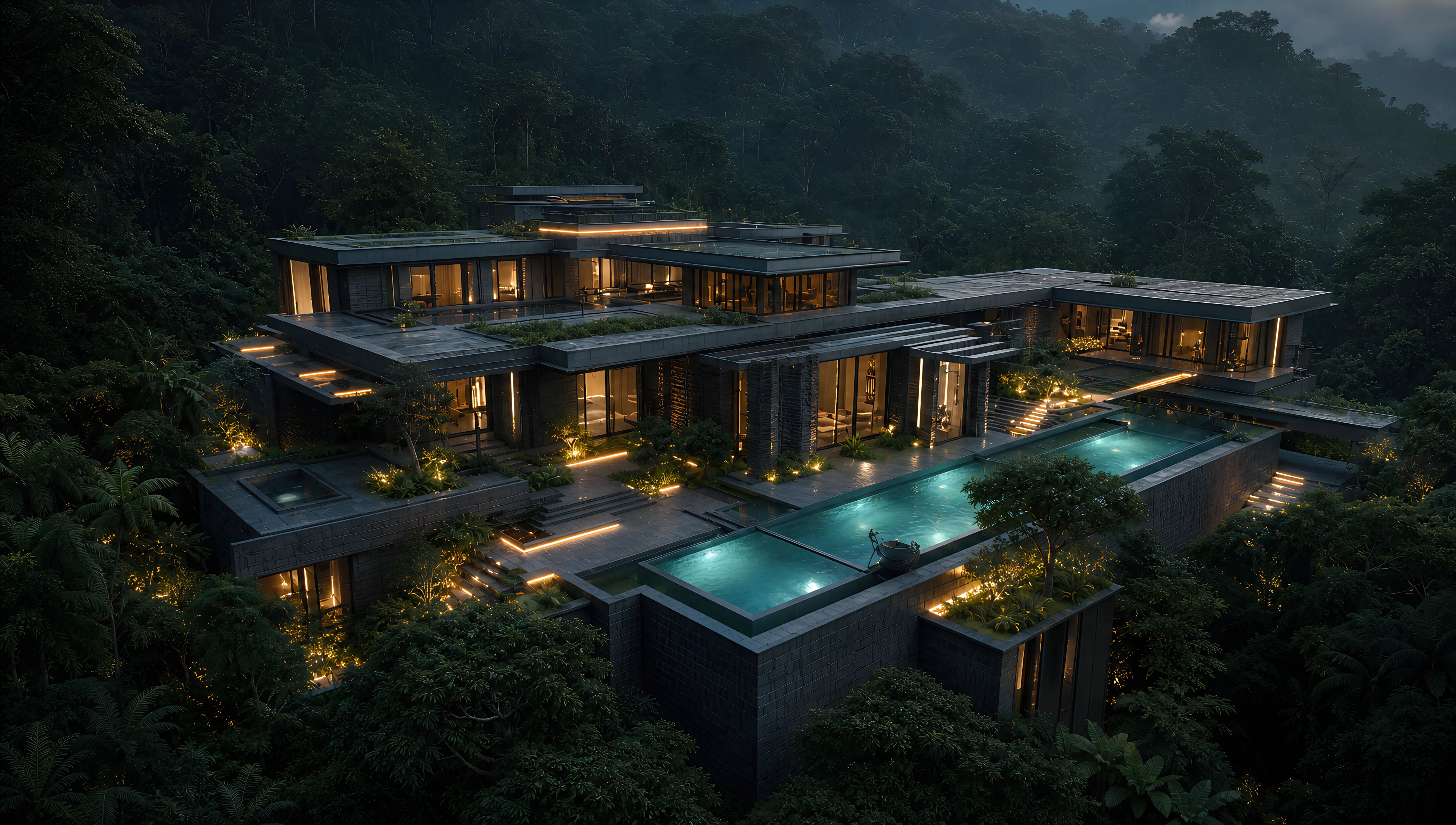Neon Rainforest seen at twilight — a terraced concrete residence carved into highland jungle, its infinity pool glowing above the cloud line