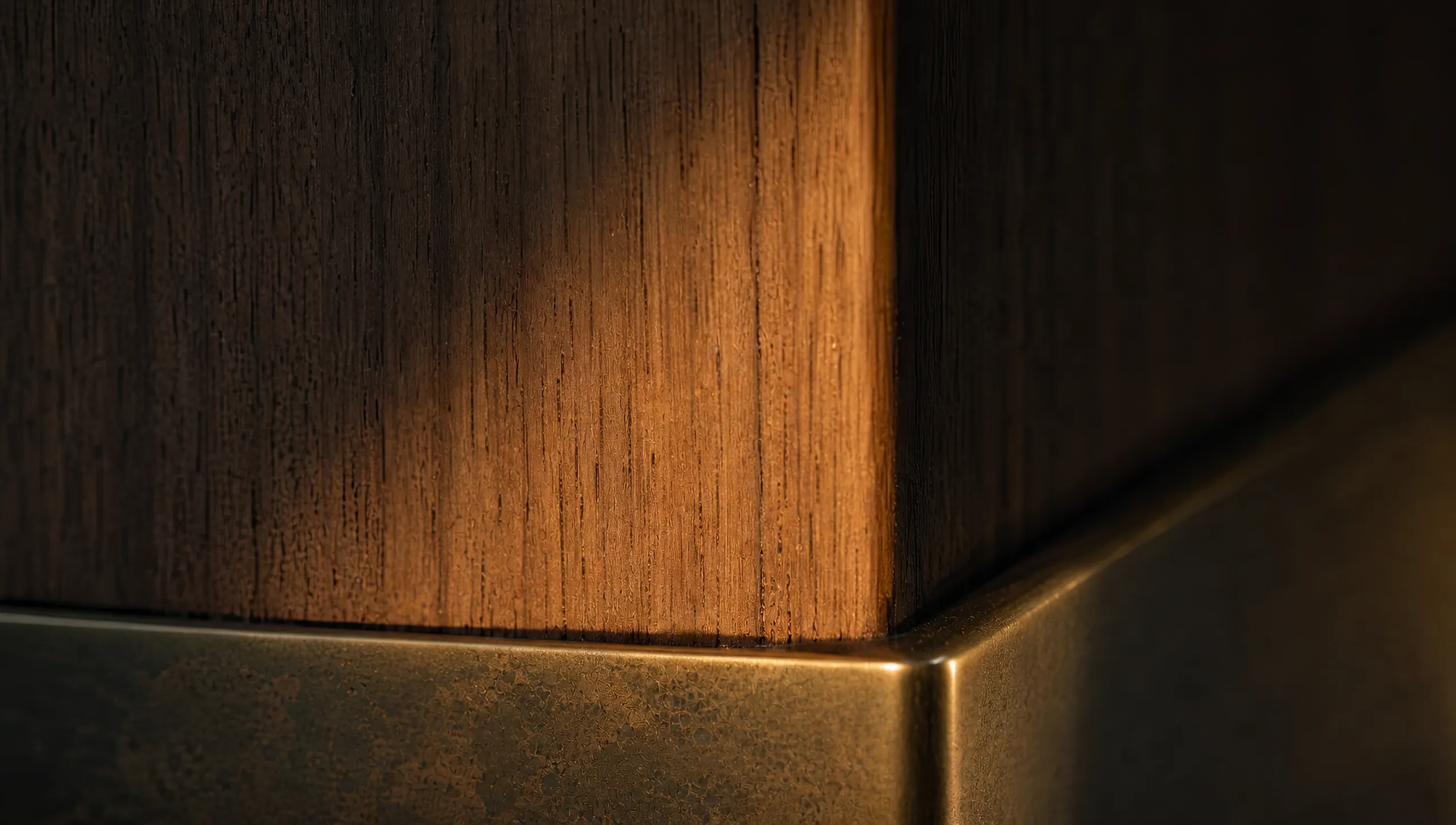 Untreated teak panel meeting oxidized brass