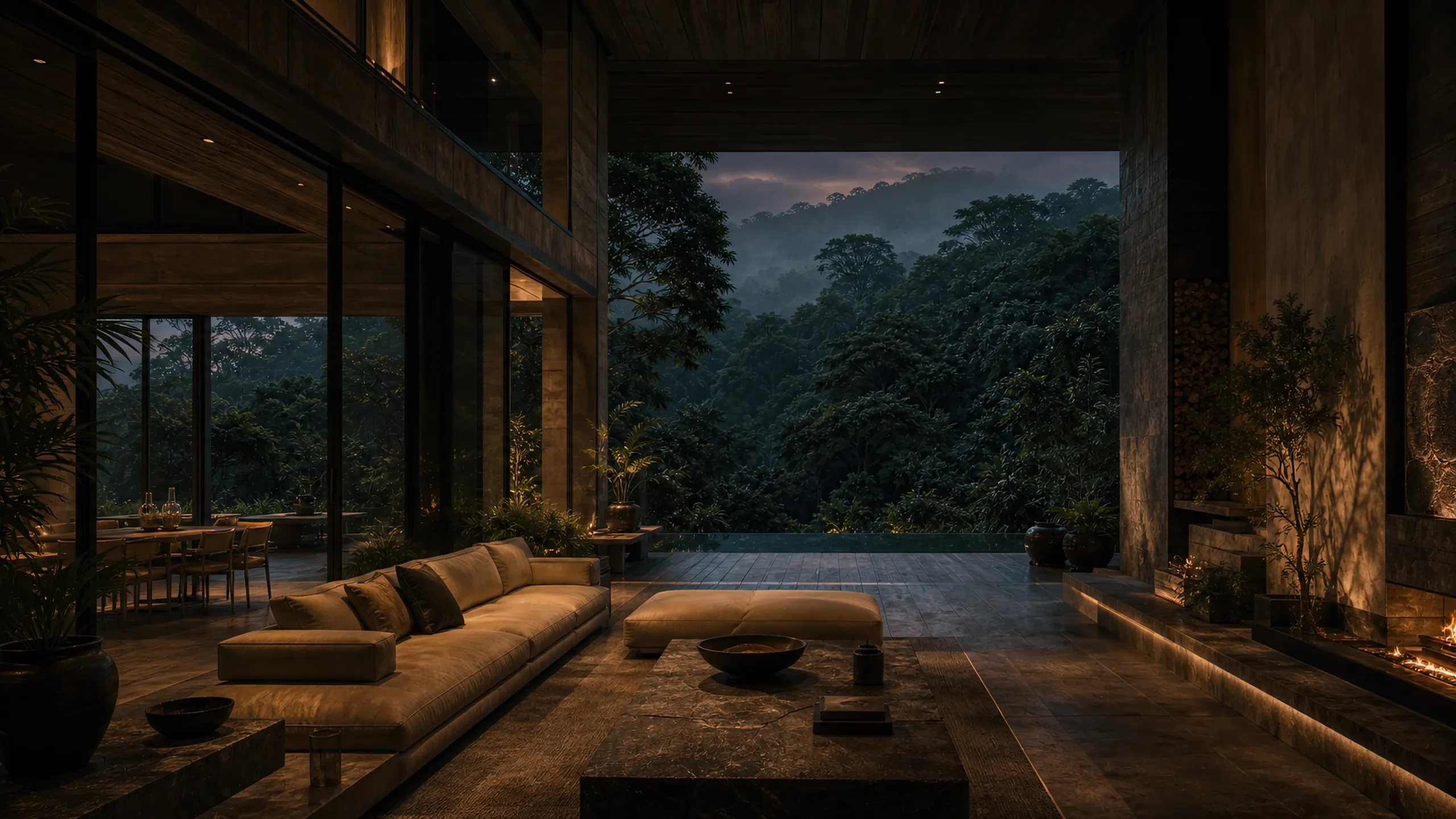 The great-room lounge at dusk