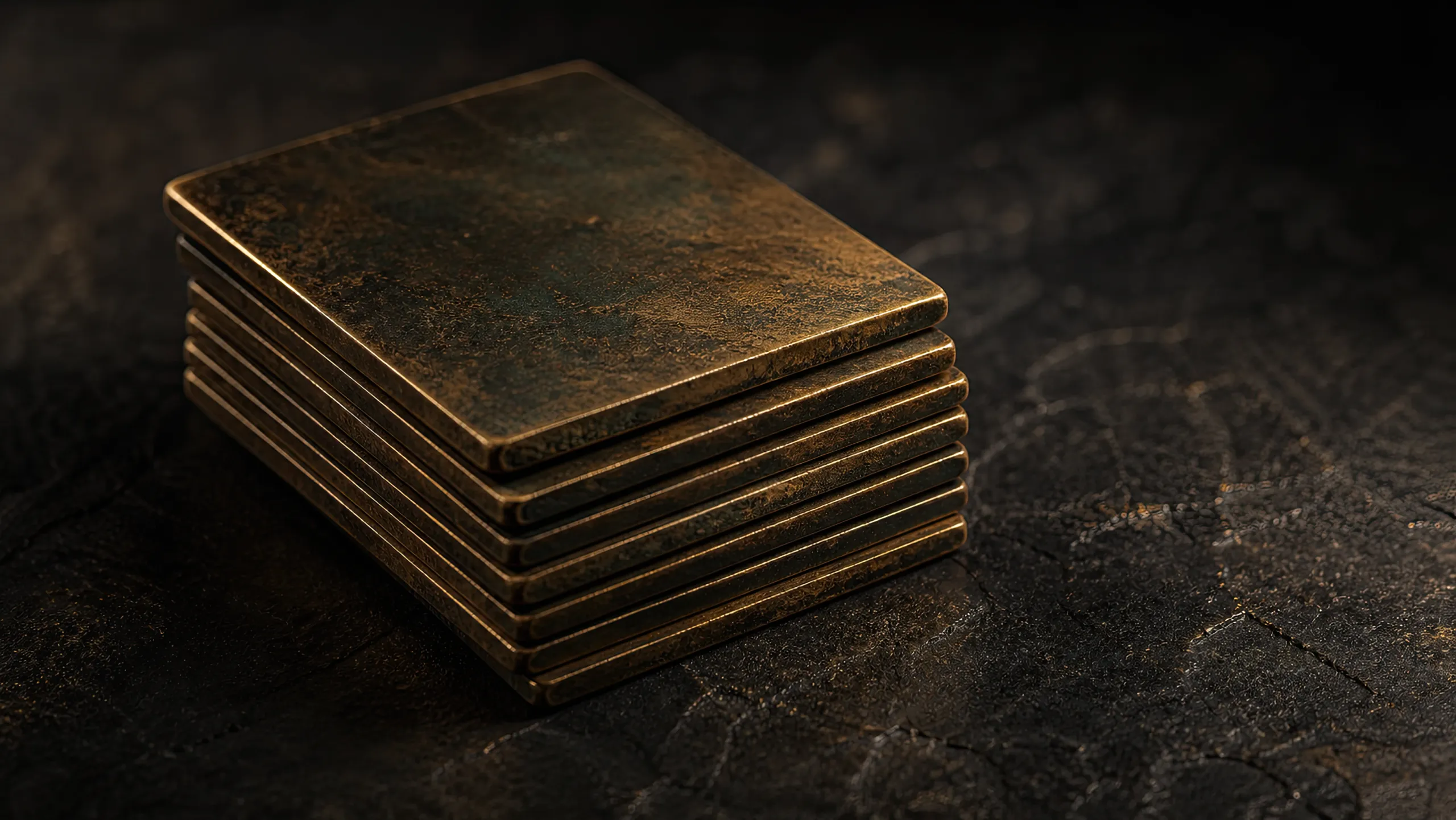 Stacked plates of patinated brass